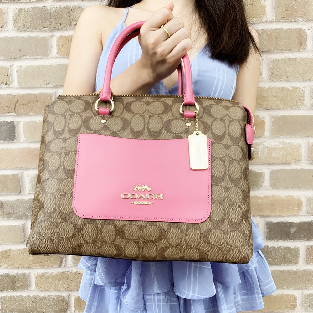 Coach large satchel bags khaki pink crossbody - Picture 2 of 5